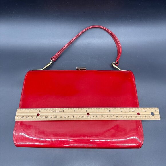 Vintage Cherry Red Patent Leather Handbag Purse Mid Century Gold 60s Top Handle - Picture 13 of 14